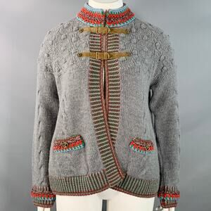 Size 12 Grey Multi Color Wool Cable Knit Bobble Leather Trim Jacket